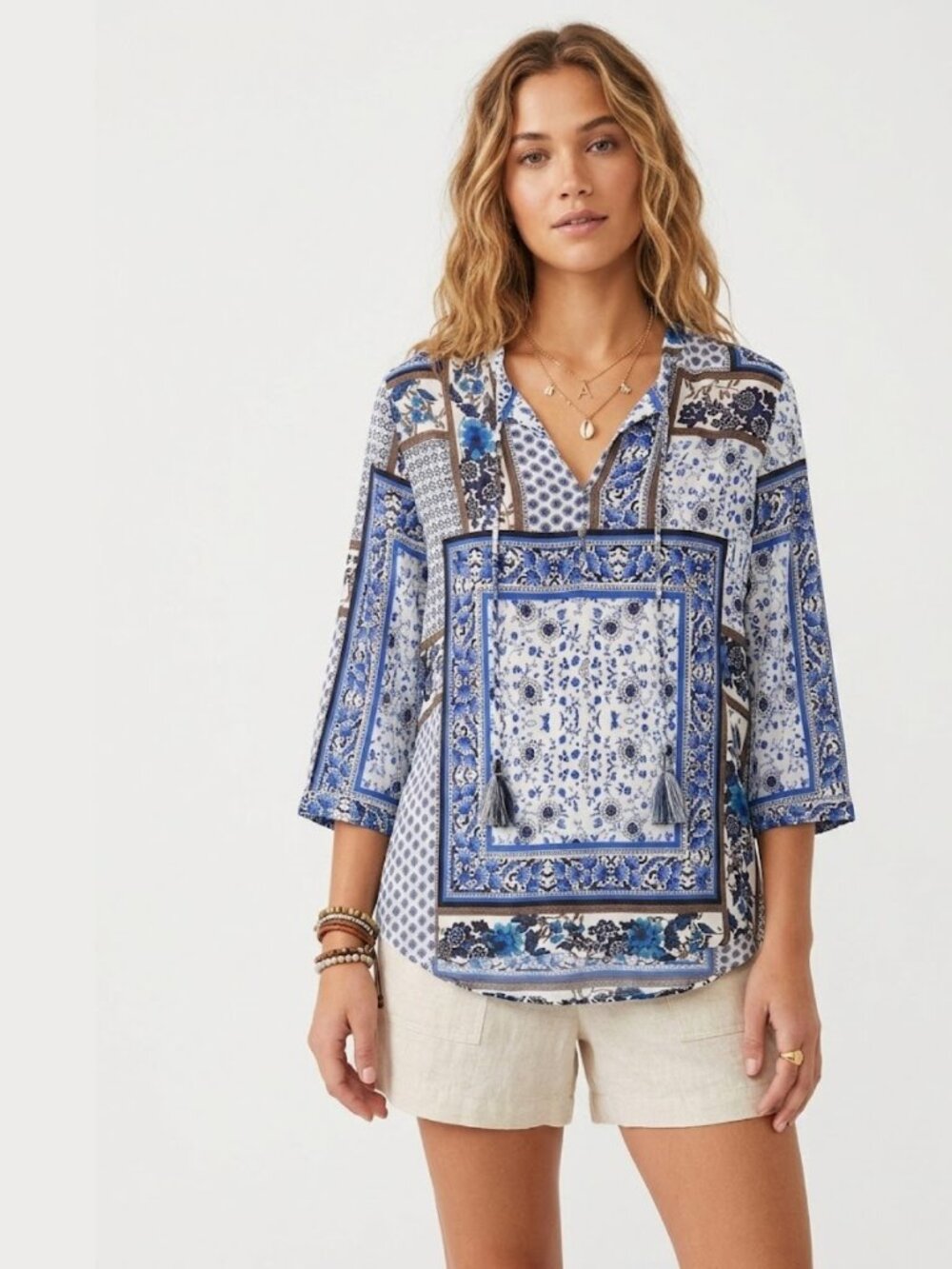 ANTILIA FEMME Patchwork Blue Boho Blouse Tassels Size M Coastal Business Casual